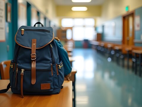 A filled backpack rests on a wooden table in a brightly lit school hallway ready for class.