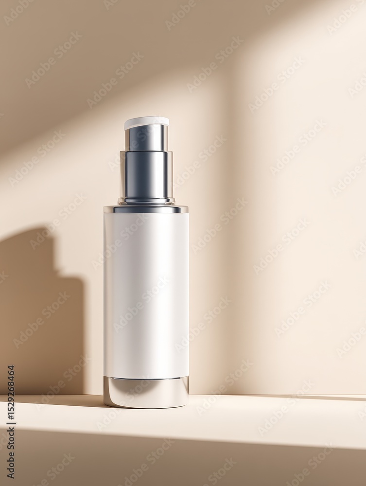 Poster elegant skincare product displayed on a minimalist shelf with soft lighting and shadows