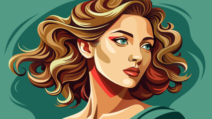 Elegant fashion portrait of a beautiful woman in profile. Her curly hairstyle and shiny wavy hair define true beauty. Model girl’s cosmetics and minimalist makeup make her face unforgettable.