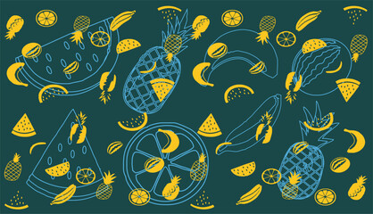 Seamless pattern of watermelon, pineapple, and tropical fruits – flat vector