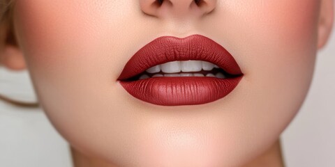Fototapeta premium Close-Up of Stunning Red Lipstick on Perfectly White Teeth, Capturing Glamorous Makeup Elegance