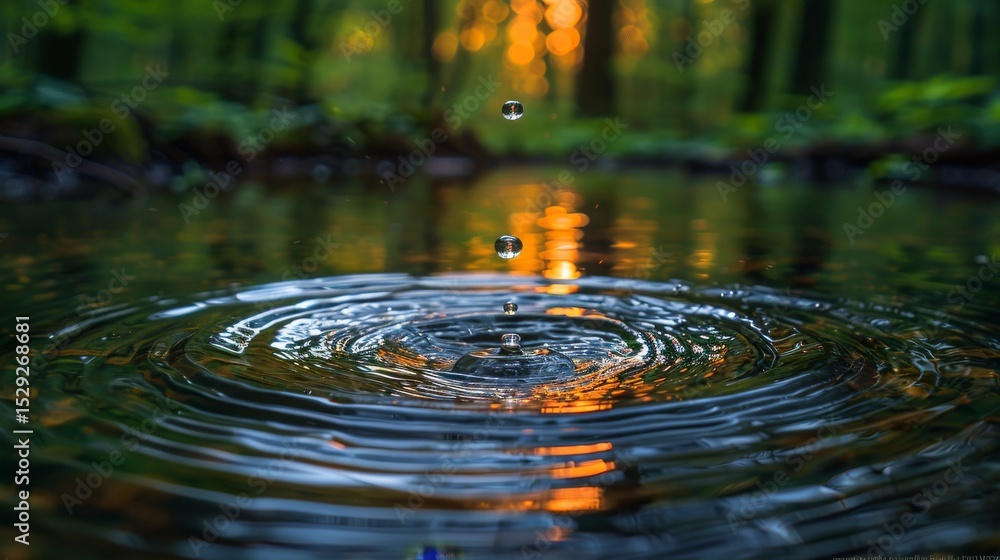 Poster a captivating view of water droplets falling into a tranquil pond, capturing the essence of nature w