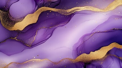 Luxury purple and gold marble texture background featuring elegant alcohol ink technique with glitter accents, abstract fluid art design ideal for modern banners, posters, and stylish decorative templ