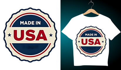 Made in USA T-Shirt Design Vector: Patriotic American Apparel Graphic with Vintage Style Badge for Online Print on Demand Business