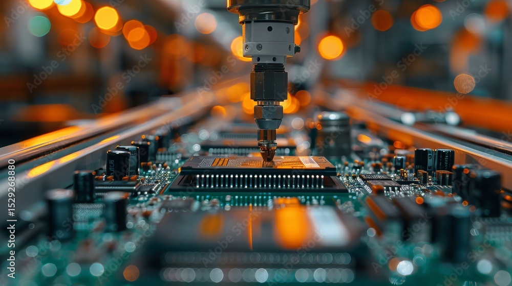 Aufkleber a close-up view of advanced machinery conducting precise assembly of electronic components, illustra