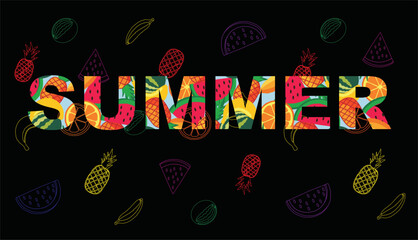 Seamless pattern of watermelon, pineapple, and tropical fruits – flat vector