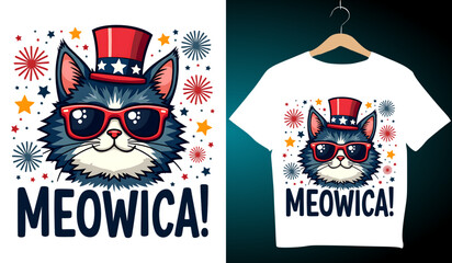 Meowica Patriotic Cat T-Shirt Design: American Flag Hat, Sunglasses, Fireworks, Stars - Cute 4th of July Apparel Graphic for Cat Lovers