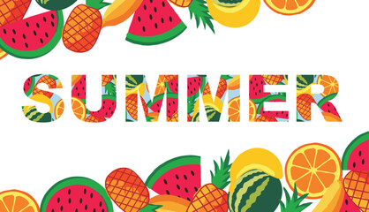 Seamless pattern of watermelon, pineapple, and tropical fruits – flat vector