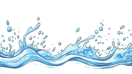 Blue water splash wave abstract illustration. Liquid wave motion in dynamic freshness. Splash, ripple, drops, bubbles, stream, and flow form a clean aquatic background. Modern vector style, perfect