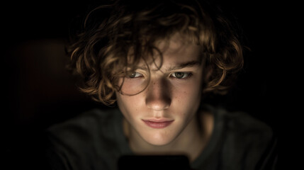 Teenager alone in dark room expressing anxiety with phone light