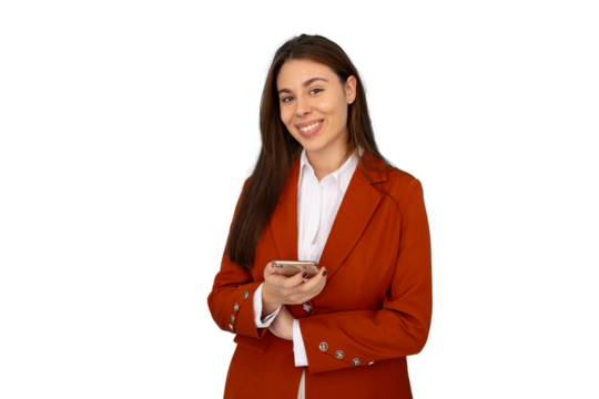 Studio shot of a young businesswoman holding a smartphone, smiling and looking at camera, on a transparent background