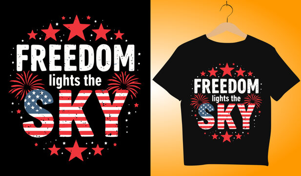Freedom Lights the Sky T-Shirt Design: Patriotic 4th of July Apparel with American Flag, Stars, and Fireworks Graphic for Independence Day