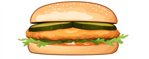 Chicken Burger with Pickles and Lettuce on White, Fast food , Cartoon food