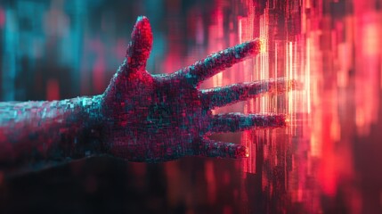 Digital transformation futuristic hand reaching out virtual environment abstract art technology concept