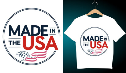 Made in USA T-Shirt Design: Patriotic American Apparel with Eagle and US Flag Graphic, Circular Logo, Vector Illustration, Apparel Mockup