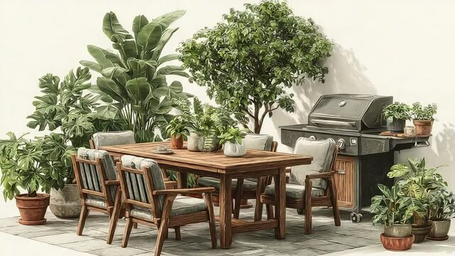 Outdoor living with a modern garden patio and barbecue grill setup in backyard