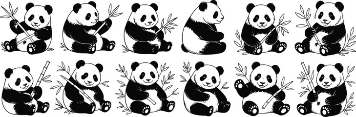 Cartoon panda vector set, cute panda illustrations with bamboo, black and white bear collection, wildlife animal drawing, adorable nature clipart

 flat vector illustration