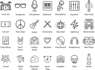 Music and Rock Culture Icons Vector Set, Isolated on White Background.