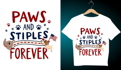 Patriotic Paws and Stripes Forever T-Shirt Design: Cute Dogs, American Flags, Red White Blue, 4th of July Apparel, Vector Graphic Template