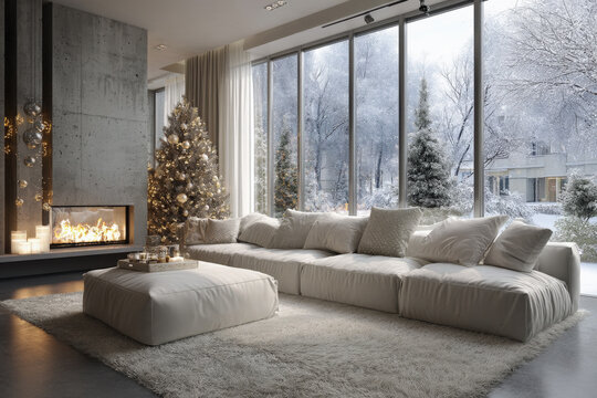 Sal&oacute;n de casa lujosa con mobiliario y decoraciones grises y blancas, chimenea de obra con cer&aacute;mica, arbol de navidad decorado y grandes ventanales que dan aun bosque nevado de invierno