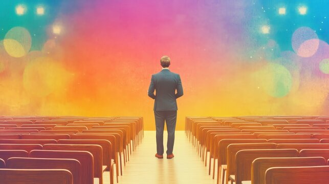 Colorful business man alone in auditorium. Solitude of professional in empty hall. Inspiration and contemplation, future presentation, vibrant interior, modern event, leadership, motivation,