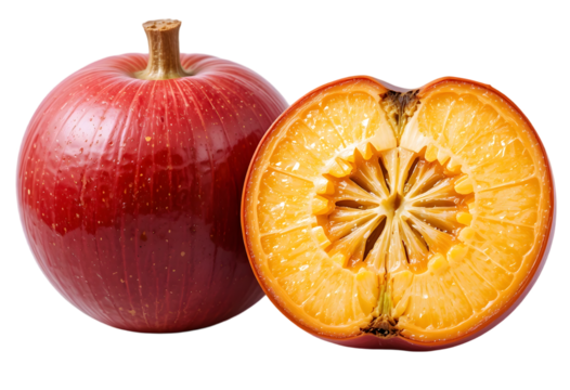 Red Apple and Slice with Orange Texture Isolated on Transparent Background.