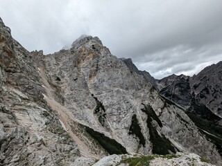 Panoramic view of Logarska dolina valley with peaks of Slovenian Alps covered by passing clouds.