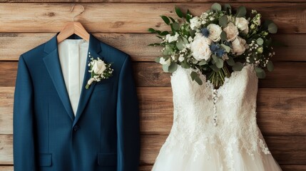 A beautifully styled wedding outfit featuring a stunning bridal gown alongside a formal suit, highlighted by a fresh floral bouquet, perfect for capturing love and celebration.
