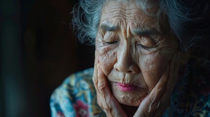 A poignant close-up of an elderly woman with closed eyes, expressing deep emotion and reflection, capturing the grace and wisdom that comes with age and life experiences.