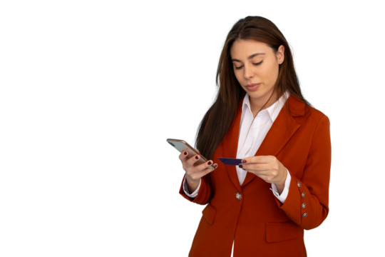 Businesswoman holding credit card and using smartphone for online shopping, isolated on transparent background