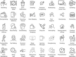 Unhealthy Habits Icons Set, Vector Illustration