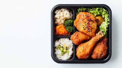 Crispy Fried Chicken Bento Box with Rice and Vegetables, takeout , lunchbox