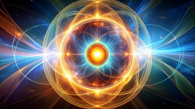 Abstract glowing sphere with ethereal rings and cosmic energy streams, creating a visually compelling background