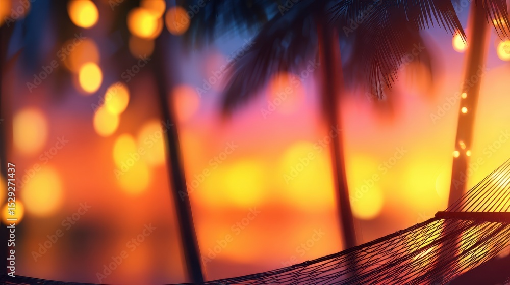 Poster serene sunset view with a hammock surrounded by palm trees and glowing bokeh lights