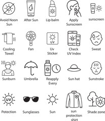 Sun Protection Vector Icons: Isolated on White Background.
