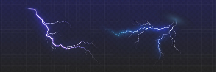 Set of the isolated realistic lightnings with transparency for design. Thunder-storm and lightnings. Magic and bright lighting effects. Natural effects