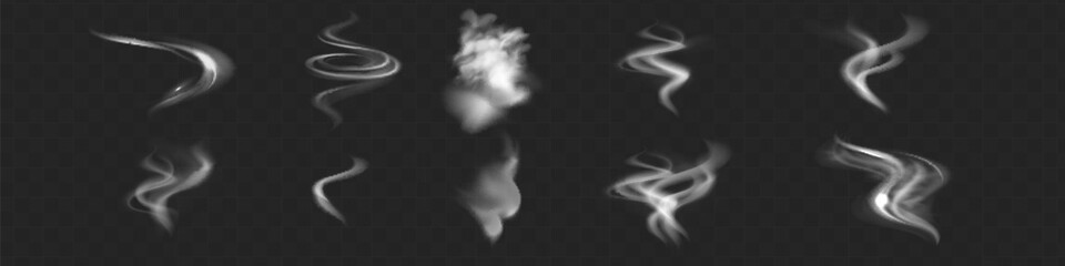 Realistic white cloud or fire smoke in the sky and vector weather element on transparent background. Chimney smoke, fog wave or cloud pattern with overlay effect. Cloud art or smoky air illustration.