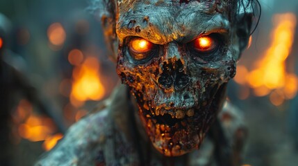 A terrifying, close-up image of a zombie with glowing eyes set against a fiery background, capturing the horror and intensity of a post-apocalyptic scene.