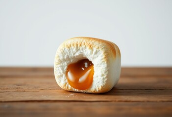 Toasted marshmallow with gooey center on rustic wooden table