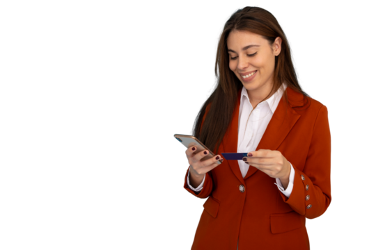 Businesswoman holding credit card and smartphone, making secure online payment, isolated on transparent background