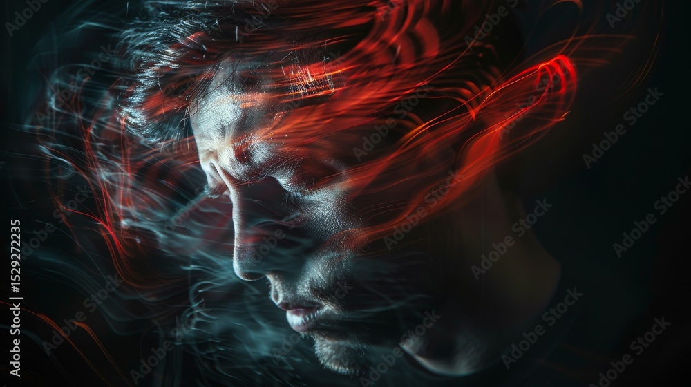 Poster a captivating artistic portrait captures a moment of introspection with vibrant light trails, envelo
