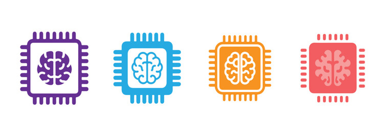 AI Brain Chip Icon Set Vector – Artificial Intelligence, Machine Learning, and Neural Processor Symbols. Transparent background