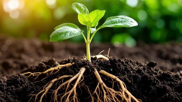 Close-up seedling growing in dark soil with visible root system, representing new life and growth in a natural environment. - Powered by Adobe
