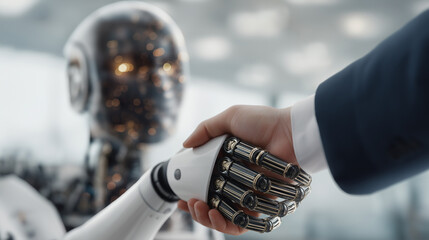 AI Robot Shaking Hands with Human in Bright Office