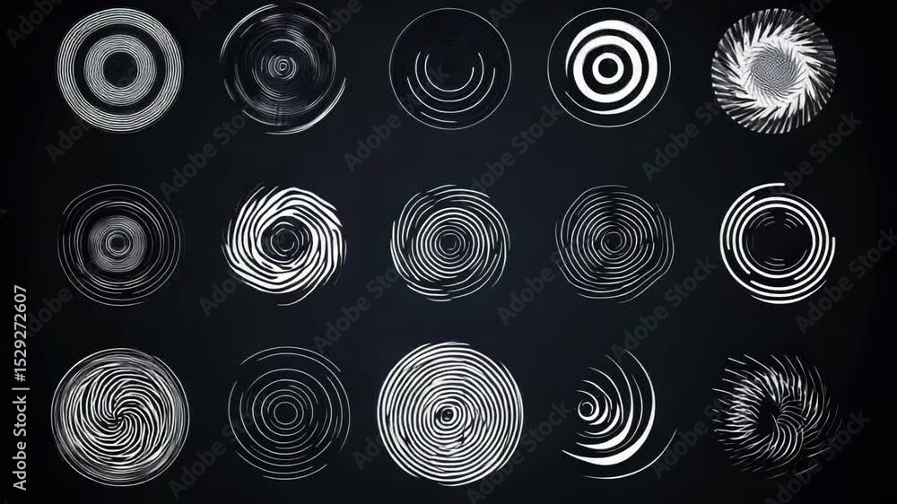 Poster a collection of spirals on a dark background, great for design and art projects
