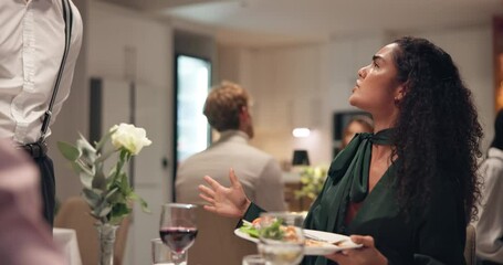 Restaurant, food and couple fighting with waiter for bad service and problem with dinner complaint. Argument, upset and man with woman for talking to manager with conflict for serving wrong order. - Powered by Adobe