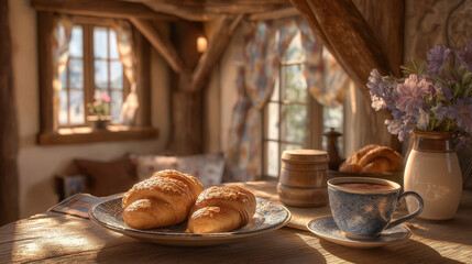 Rustic breakfast table with croissants and coffee