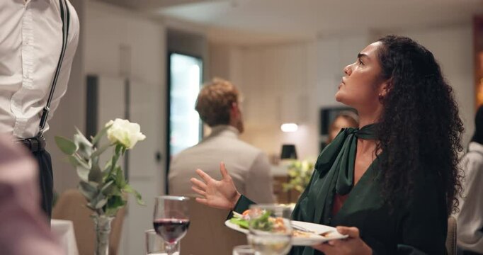 Restaurant, food and couple fighting with waiter for bad service and problem with dinner complaint. Argument, upset and man with woman for talking to manager with conflict for serving wrong order.