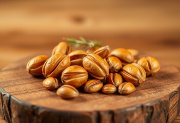 Toasted pine nuts on a wooden board