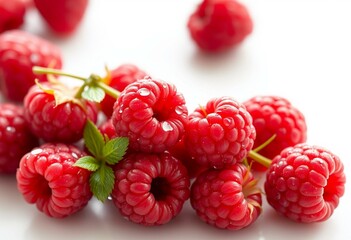 Raspberries with water droplets on a white background